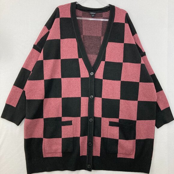 torrid Sweaters - Torrid size 4X Pink Black Checkered Luxe Cozy Jacquard Boyfriend Cardigan Tunic
